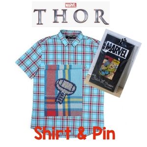 STITCH SHOPPE BY LOUNGEFLY MARVEL THOR PLAID UNISEX BUTTON FRONT SHIRT